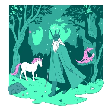 A teal figure of Odin, wearing a flowing robe and a horned helmet, is wandering through a mystical forest. The forest is dense with towering trees that have twisting branches and vibrant leaves. Ancient creatures, such as a white unicorn grazing peacefully and a pink dragon perched on a branch, are visible among the foliage. Odin holds a staff in one hand, and there is a faint glimmer of magical light surrounding him. The ground is covered with lush green moss and scattered flowers, adding to the enchanting atmosphere.