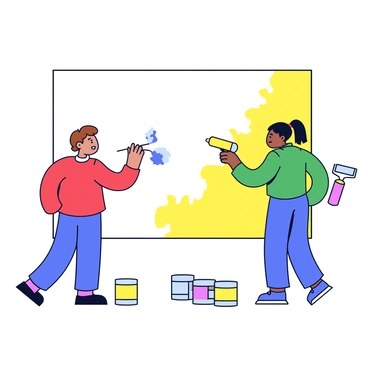 Two artists are painting a mural on a large, blank wall. One artist has short brown hair and is wearing a red shirt, holding a paintbrush in one hand, while applying blue paint to the wall. The other artist has long black hair tied in a ponytail and is dressed in a green shirt, using a roller brush to spread yellow paint. The wall has a few colorful paint cans scattered on the ground beside them. Both artists are focused on their work, with splashes of paint on their clothes.