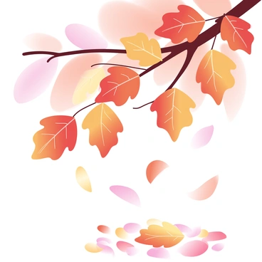 A close-up of "colorful autumn leaves" in shades of red, orange, and yellow. The leaves are gently "falling" from a "tree branch," showcasing their intricate textures and veining. The background is softly blurred, emphasizing the vibrant colors of the leaves. Some leaves are captured mid-fall, while others rest on the ground, creating a colorful carpet of autumn hues. The scene is bathed in warm light, highlighting the beauty of the seasonal transition.