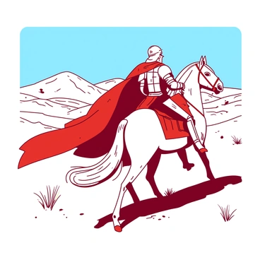A red crusader knight in a shining armor is seated atop a majestic white horse. The knight's armor is adorned with intricate designs, and a flowing red cape billows behind. The knight gazes out over a vast desert landscape, with rolling dunes stretching into the distance under a clear blue sky. Scattered patches of dried vegetation dot the sandy terrain, and the sun casts long shadows across the ground, highlighting the knight's silhouette against the backdrop of the expansive desert.