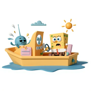 SpongeBob SquarePants, wearing his signature white shirt, red tie, and brown square pants, is sitting nervously in the driver's seat of a small yellow boat. His eyes are wide with anxiety as he grips the steering wheel tightly, his yellow cheeks slightly flushed. The interior of the boat is decorated with colorful boating supplies, and the dashboard displays various gauges and buttons. Mrs. Puff, a pufferfish with a stern expression, is sitting in the passenger seat beside him, holding a clipboard and watching him closely. Outside the boat, a clear blue sea and a sunny sky can be seen, creating a vibrant backdrop to this important moment.