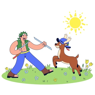 In a sunny meadow filled with green grass and scattered wildflowers, two characters are engaging in a friendly sparring match. "Zoro," a tall figure with a muscular build, wears his signature green bandana and swords sheathed at his side. He has a playful smirk on his face as he parries a light attack. Opposite him, "Chopper," a small reindeer with a blue hat, stands on his hind legs, his expression lively and cheerful as he attempts a playful strike. The sun shines brightly overhead, casting warm light on the scene, while gentle breezes rustle through the grass around them.