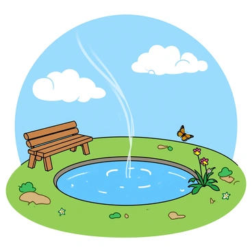 A bright, sunny day with a clear blue sky. A tranquil pond sits in the center, its surface shimmering under the sunlight. The water is gently evaporating, creating wispy trails that rise into the air, gradually forming fluffy white clouds. Surrounding the pond, there are patches of vibrant green grass and a few colorful wildflowers. A butterfly flutters above the flowers, and a small wooden bench is placed nearby, inviting people to sit and enjoy the peaceful scene.