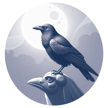 A raven with glossy feathers is perched on the head of a stone gargoyle. The gargoyle, carved with intricate details, has a fierce expression and stands atop a weathered stone surface. Surrounding them is a dense fog that envelops the scene, creating an air of mystery. The dim light of a distant moon casts shadows, highlighting the features of the gargoyle and the raven's sharp beak and keen eyes. The atmosphere is filled with a sense of the unknown, as the raven gazes into the darkness that stretches beyond.