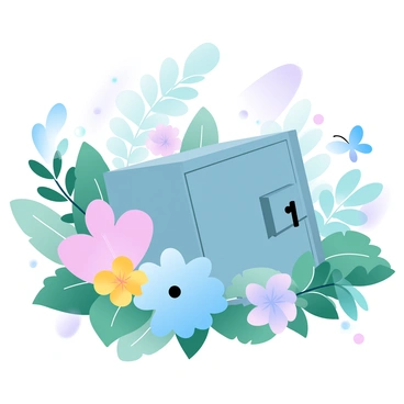 A hidden safe is nestled in a lush garden, surrounded by an array of vibrant flowers and thriving plants. The safe is partially obscured by large, colorful blooms with petals of various shades, including pink, yellow, and blue. Green foliage surrounds the area, with ferns and leafy plants creating a natural barrier. Sunlight filters through the leaves, casting soft shadows on the ground, enhancing the serene atmosphere of the garden. A butterfly flutters nearby, adding a touch of life to the composition.