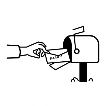 A hand reaching out to place an envelope that is marked "donation" into a mailbox. The mailbox is a classic design with a curved top and a slot for letters, standing on a post. The hand is slightly bent at the wrist, showing detailed fingers poised over the mailbox. The envelope is white with clear, bold lettering stating "donation" on the front. The background features a simple, grassy area to set the scene.