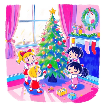 The Powerpuff Girls are gathered around a tall Christmas tree. The tree is lush and green, adorned with colorful twinkling lights and a variety of shiny ornaments in red, blue, and yellow. Blossom, with her signature red bow, is carefully placing a star on top of the tree. Bubbles, with her blonde pigtails, holds a handful of ornaments, smiling brightly. Buttercup, with her short black hair, is hanging a string of lights, focusing intently. The room is filled with holiday decorations, including garlands and stockings hanging on the mantel.