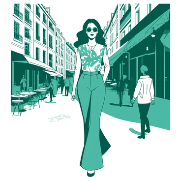 A teal woman dressed in stylish 1970s attire is walking confidently down a bustling Paris street. She has a chic blouse adorned with bold patterns and high-waisted flared pants. The woman's hair is styled in a fashionable manner typical of the era, softly framing her face. Around her, classic Parisian architecture can be seen, with cafe tables and pedestrians adding to the lively atmosphere. The sunlight casts warm shadows on the cobblestone pavement as she strides past.
