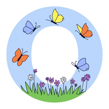 A swarm of butterflies in various colors including orange, yellow, and blue, is gracefully flying together to form the shape of a "0". The butterflies have delicate wings that flutter softly as they move. Below them, a green meadow filled with small wildflowers in shades of purple and white creates a vibrant backdrop. The scene captures the beauty of nature and the harmonious movement of the butterflies in the clear blue sky above.