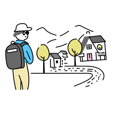 A traveler with a large backpack is standing in the foreground, looking towards a picturesque village. The traveler is wearing a blue jacket and beige pants, with a white hat resting on their head and sunglasses perched on their nose. The village features quaint, colorful houses with sloping roofs, and small trees lining the cobblestone streets. A narrow path leads through the village, inviting exploration. In the background, rolling hills rise gently, completing the idyllic scenery.