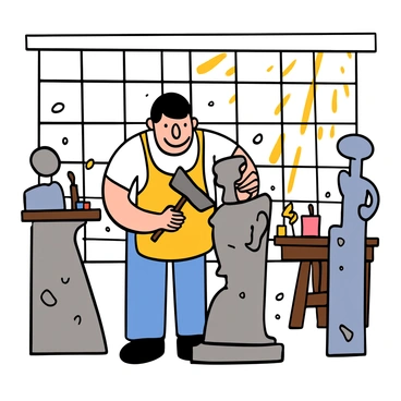 A brawny sculptor with light skin and short dark hair is focusing intently on chiseling a marble statue in an art studio. He is wearing an apron over a white t-shirt and blue jeans. Chisel in one hand and mallet in the other, he is carefully shaping the marble. The studio is bright, with sunlight streaming through large windows illuminating various tools and unfinished sculptures around him. Dust particles float in the air, adding a dynamic feel to the scene.