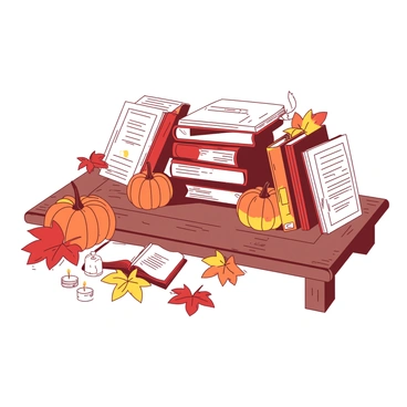 A collection of books is arranged on a rustic wooden table for a seasonal event. The books are stacked in various orientations, some standing upright while others lie flat. Surrounding the books are vibrant orange pumpkins of different sizes placed strategically among the stacks. Scattered around the table are bright red and yellow autumn leaves, adding a seasonal touch. A few small white candles are positioned near the books, casting a warm glow over the display.