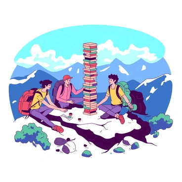 A group of hikers is gathered at the summit of a mountain, engaging in a game of Jenga. The hikers are dressed in brightly colored hiking gear, with backpacks resting beside them. The Jenga tower stands tall on a flat rock surface, with some blocks precariously balanced. In the background, breathtaking views of distant mountains stretch beneath a clear blue sky. Scattered patches of green vegetation are visible on the rocky terrain around the hikers. The sun casts soft shadows, adding depth to the scene.