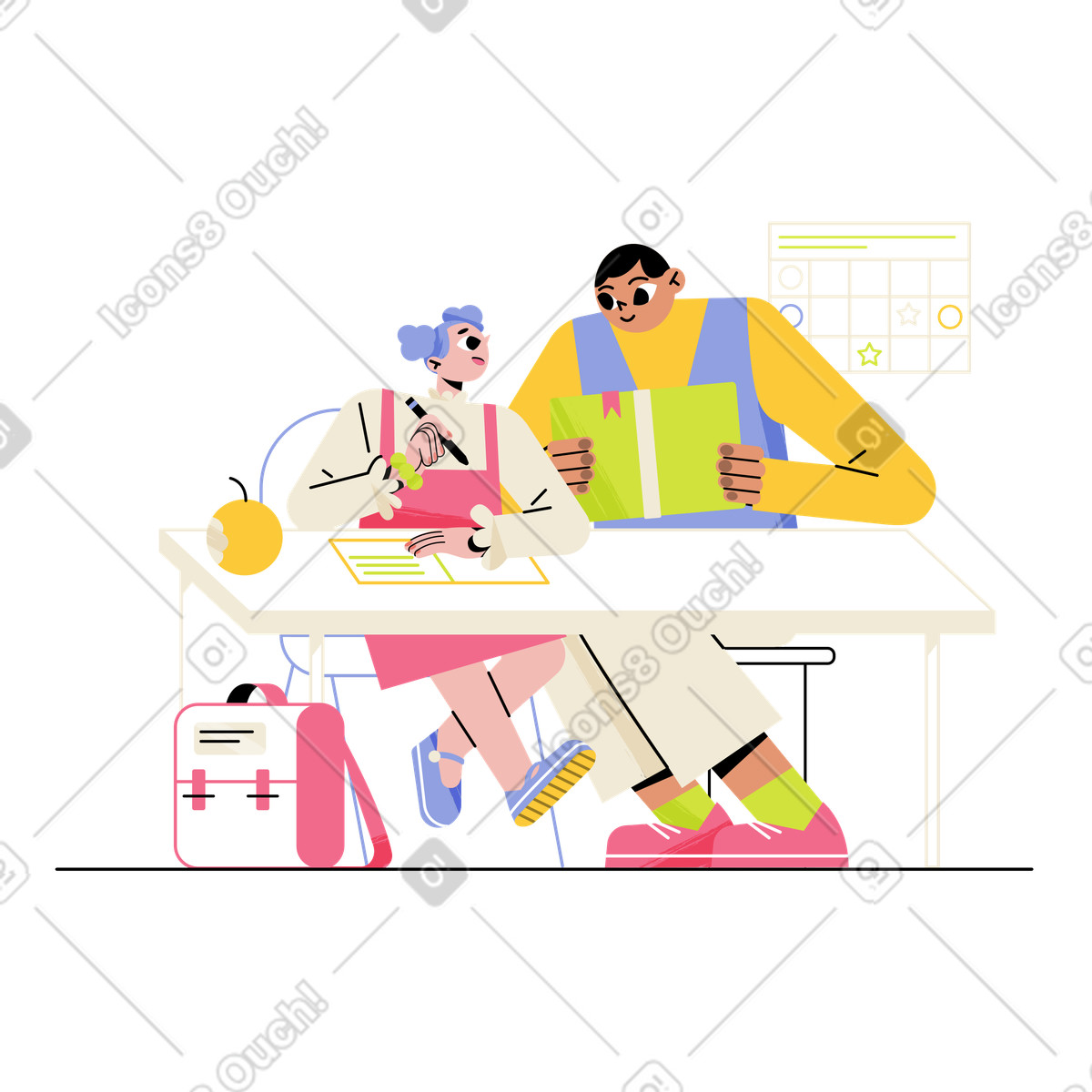 Parent and child do homework together illustration in Juicy style download in PNG, SVG