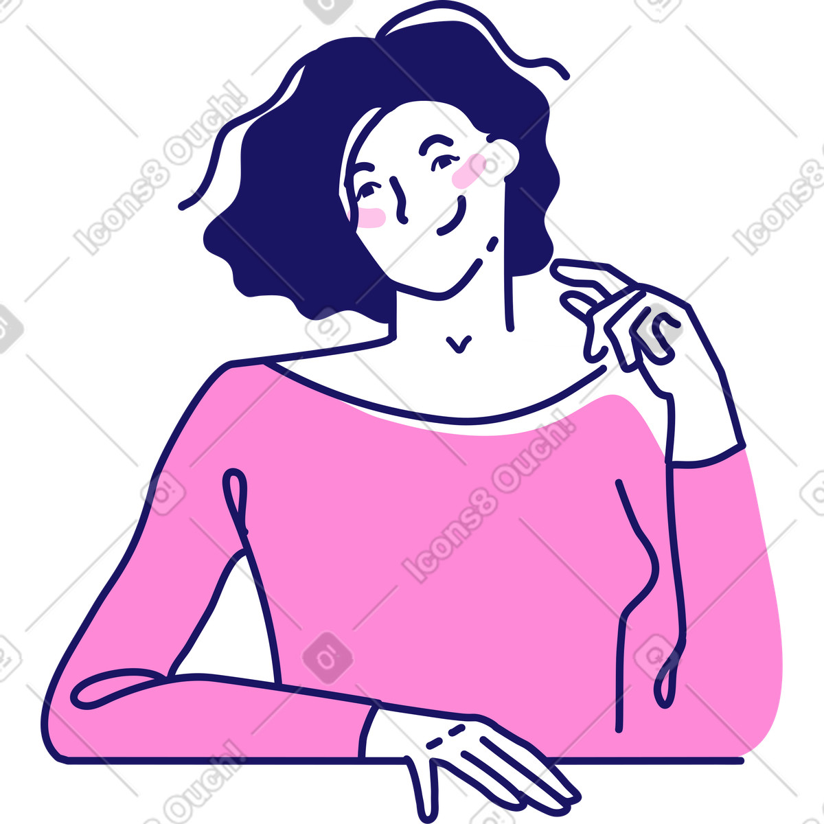 Ilustração de Mulher sorridente com cabelos ondulados, sentada à mesa em no estilo Matey para baixar em PNG, SVG