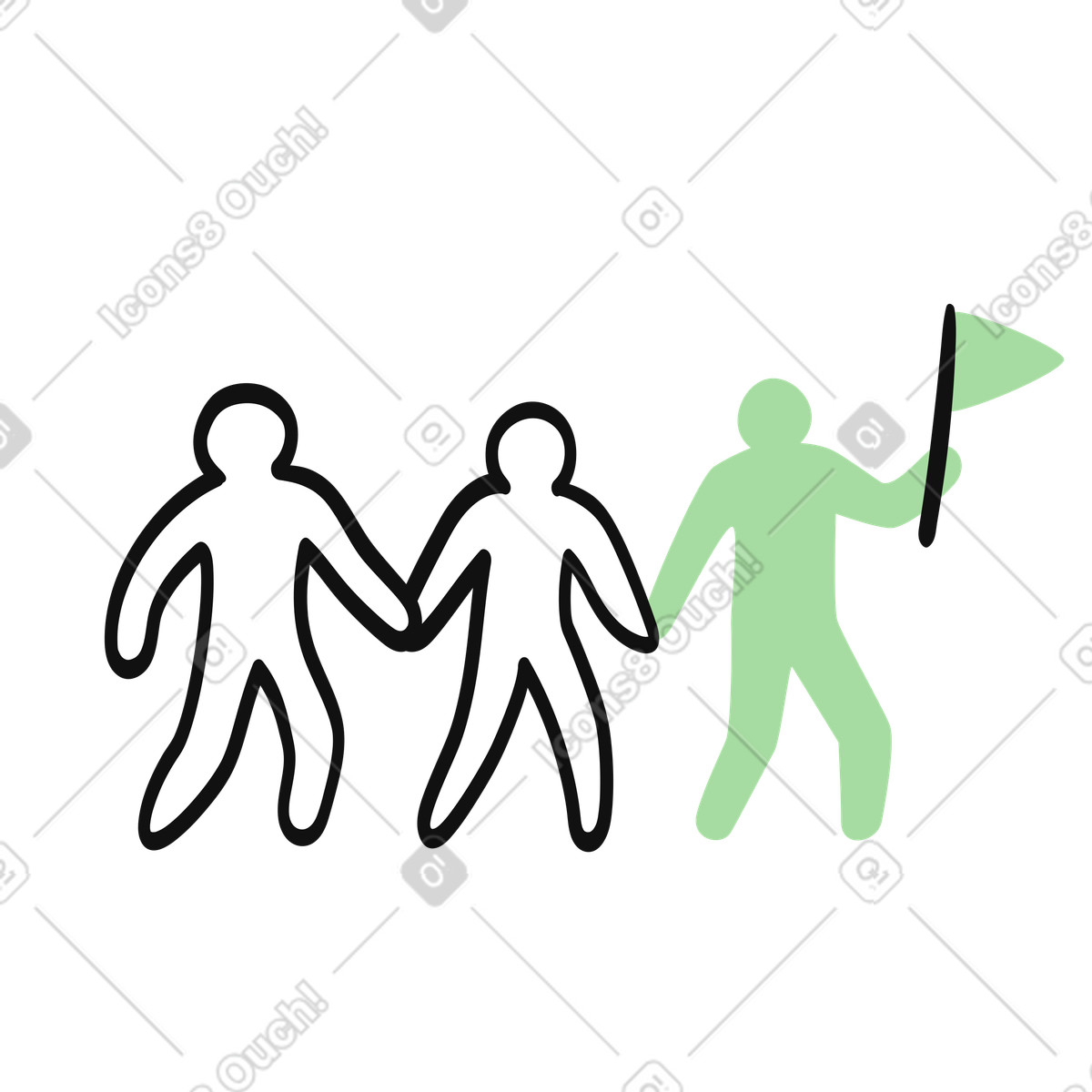 Leadership figure holding flag guiding two team members forward illustrazione in stile Organic scarica in PNG, SVG