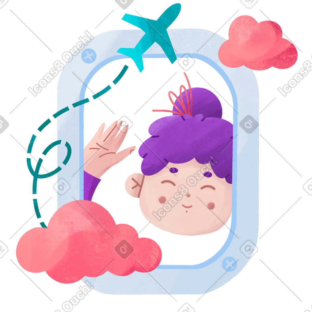 Bonbon 스타일의 Happy passenger waving in plane window, Traveling for leisure or vacation 일러스트레이션 PNG, SVG 다운로드