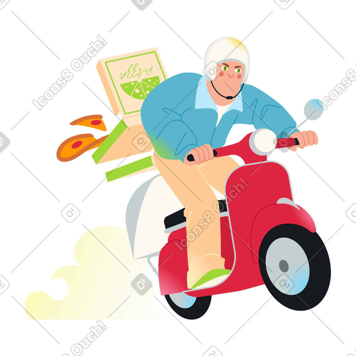 Ilustración Repartidor de pizzas andando en scooter a toda prisa estilo Fizzy descargar PNG y SVG
