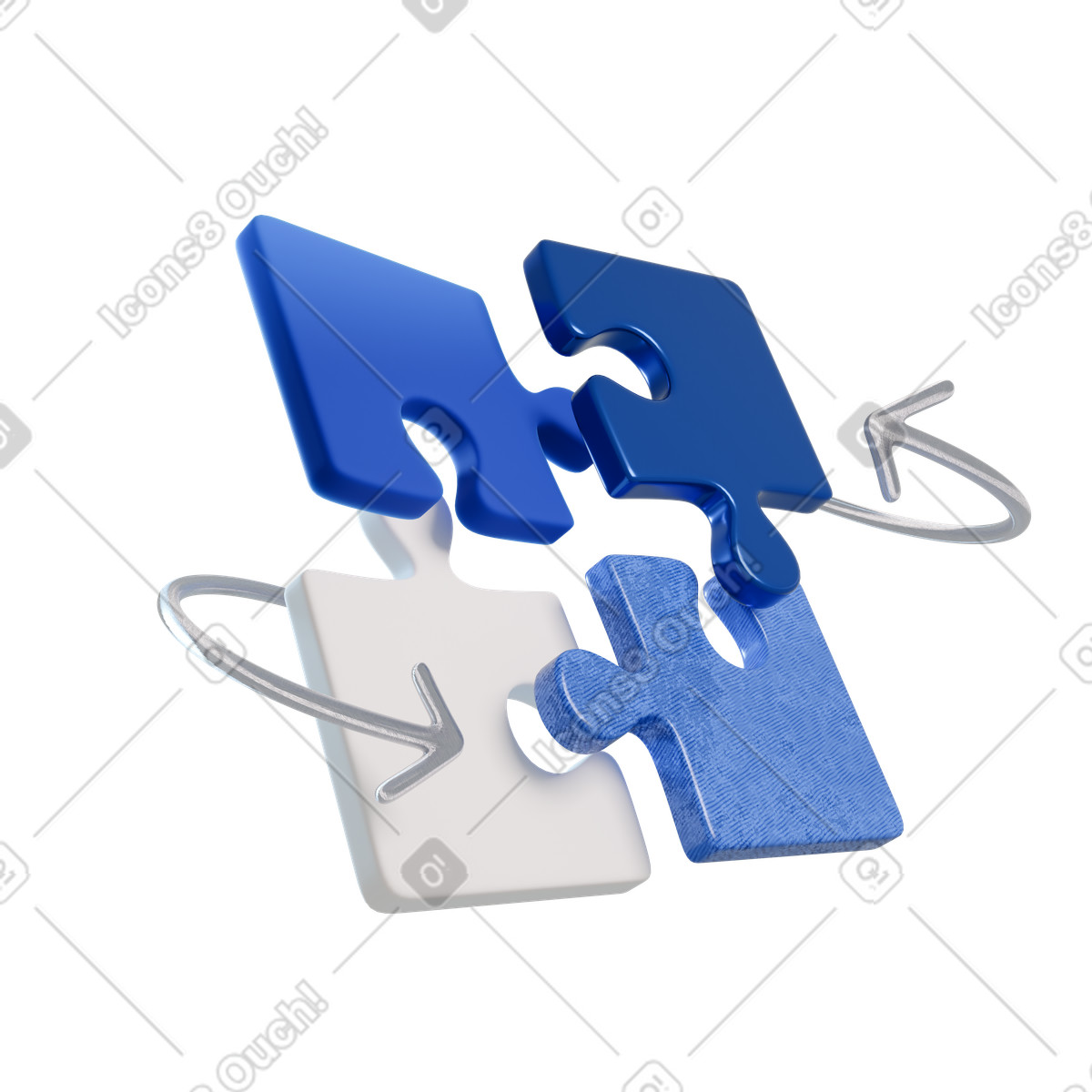 Connected puzzle pieces with arrows, Business process integration animated illustration in 3D Blueprint style download in GIF, Lottie (JSON), AE