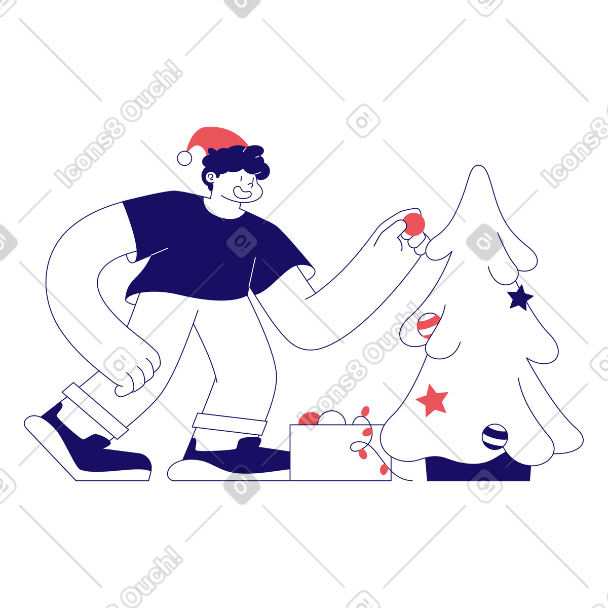 Illustration animée Jeune homme décorant un sapin de noël dans le style Bendy à télécharger aux formats GIF, Lottie (JSON), AE