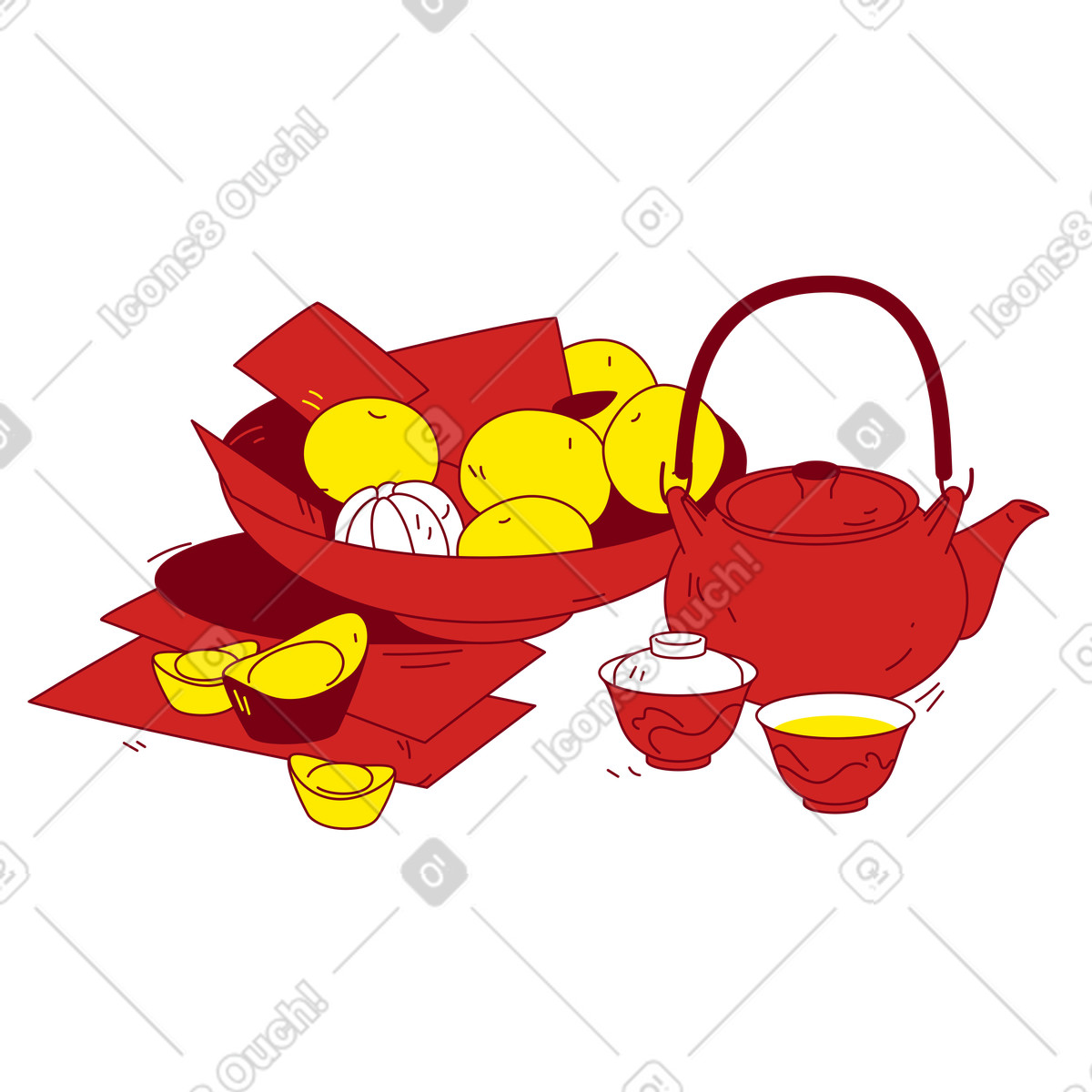 Auguri di capodanno cinese con clementine e tè illustrazione in stile Storyline scarica in PNG, SVG