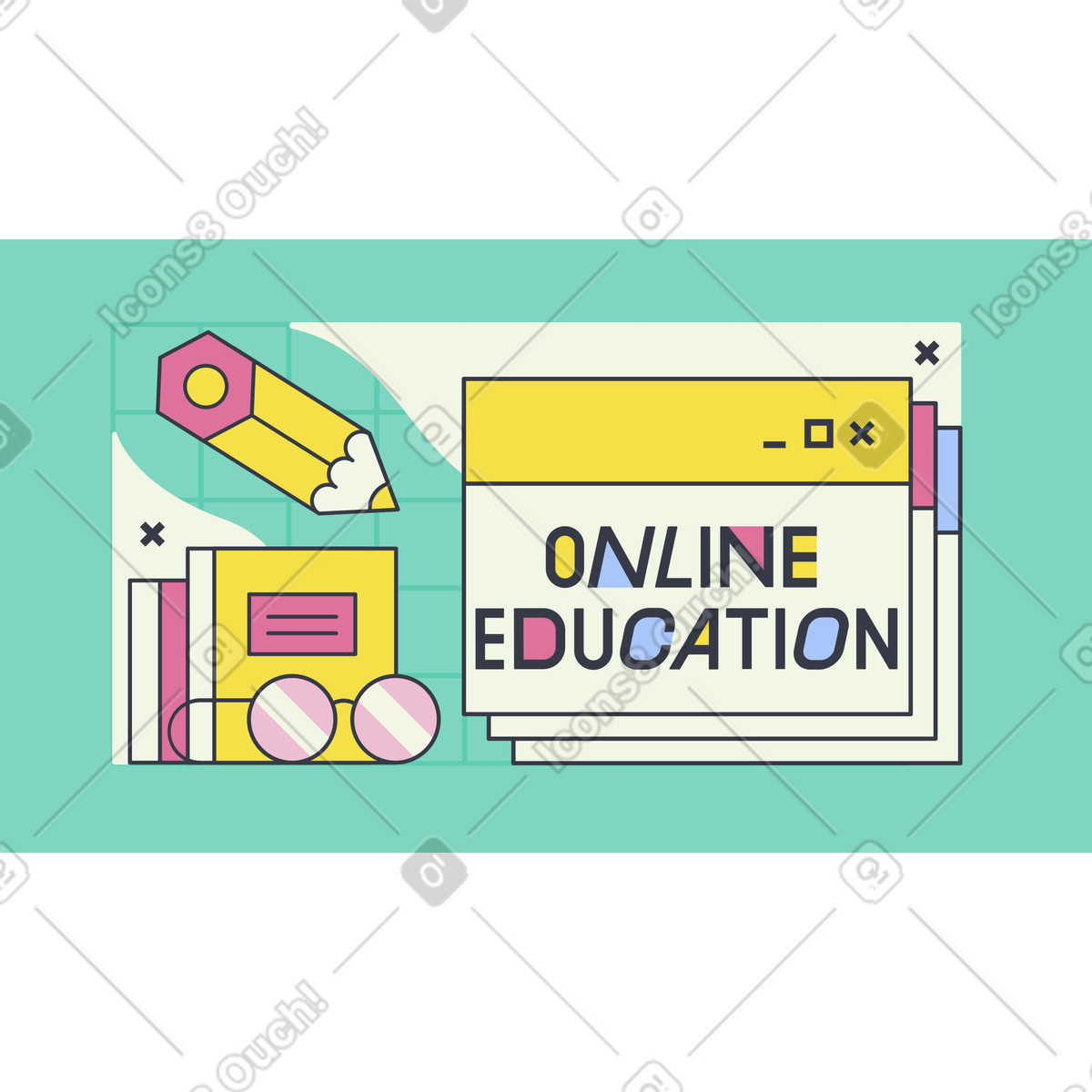 Lettering online education con libri e browser illustrazione in stile Abstract scarica in PNG, SVG