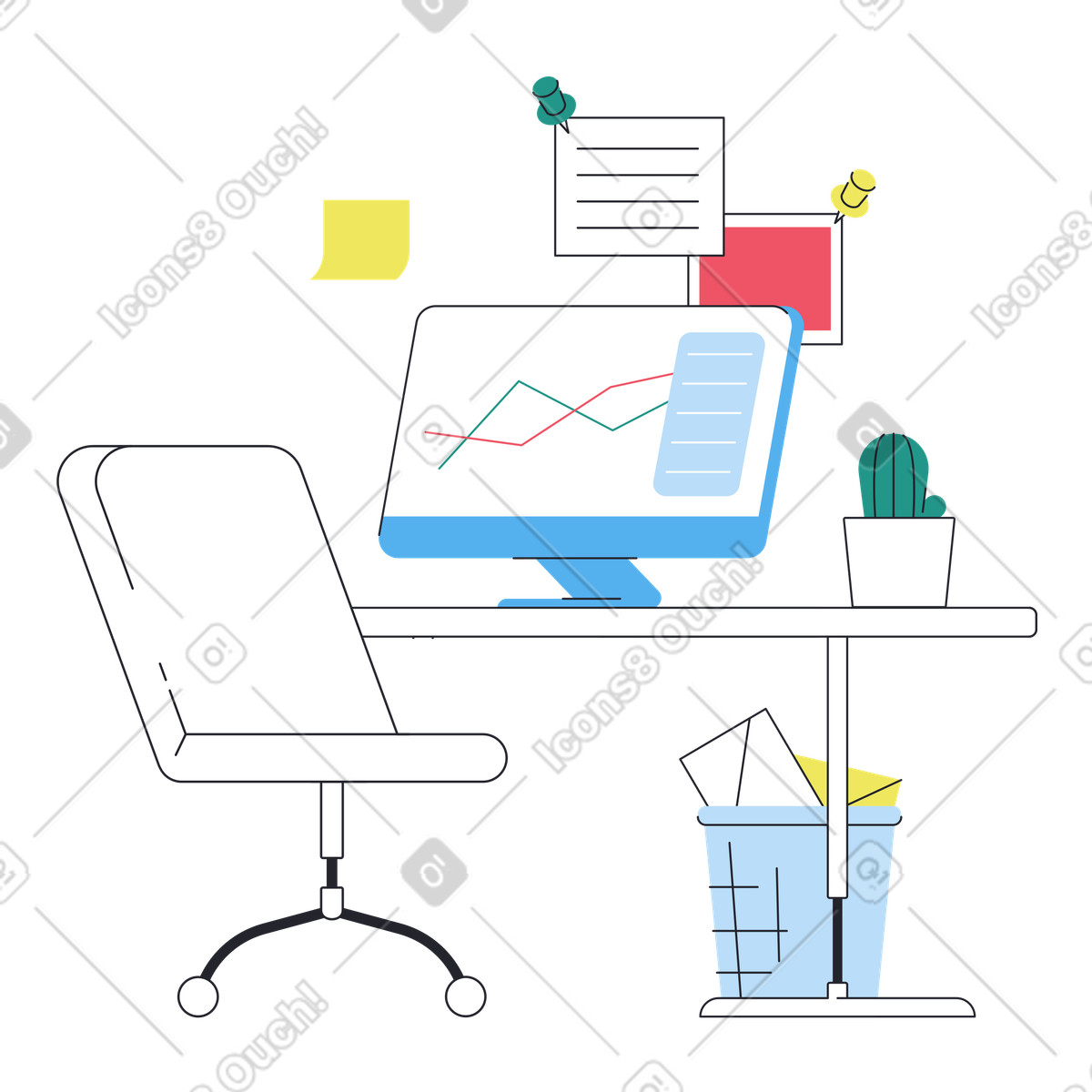 Office workplace with computer and paper bin illustration in Boba style download in PNG, SVG