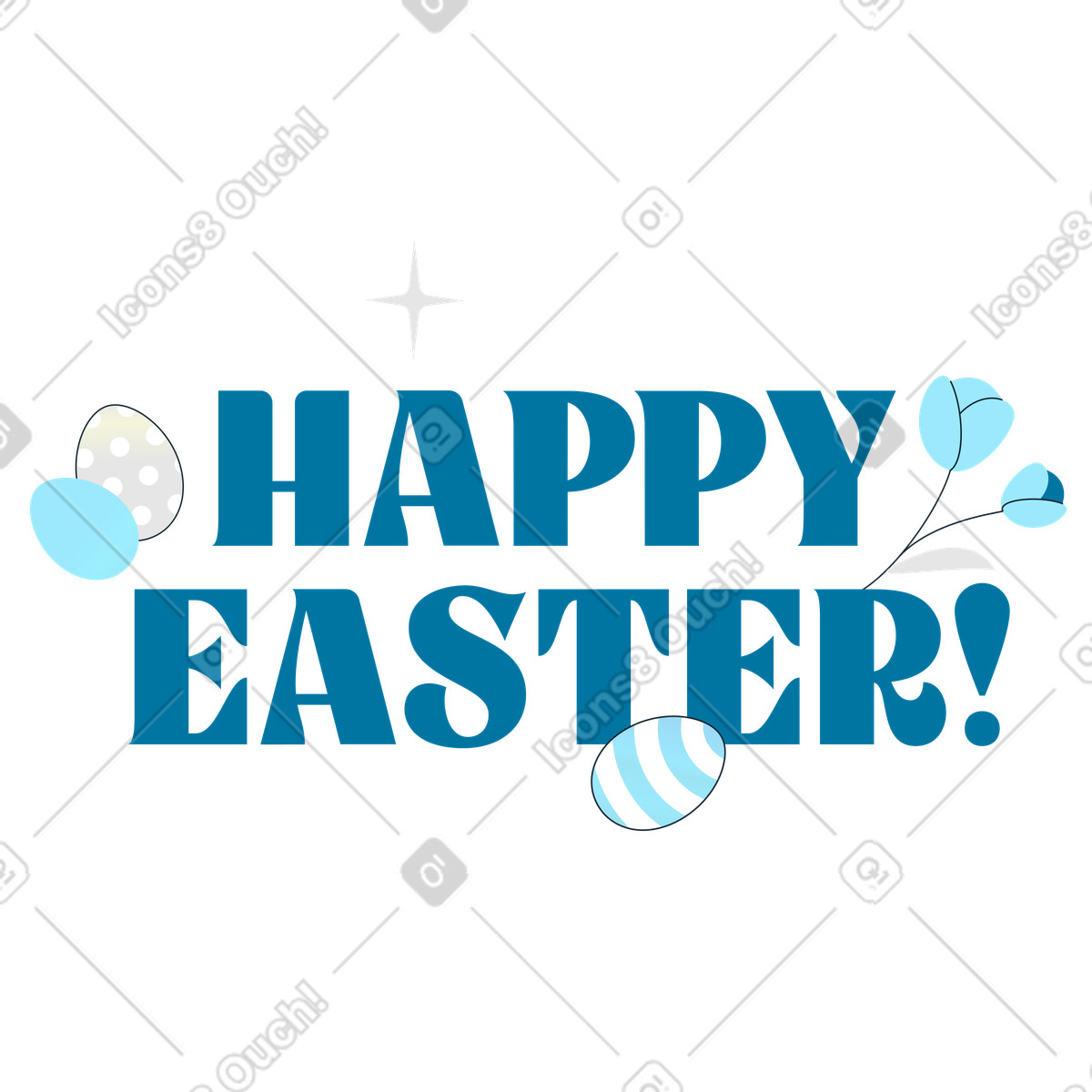 Happy Easter text surrounded by eggs and flowers-Illustration im Indigo-Stil als Download in PNG, SVG