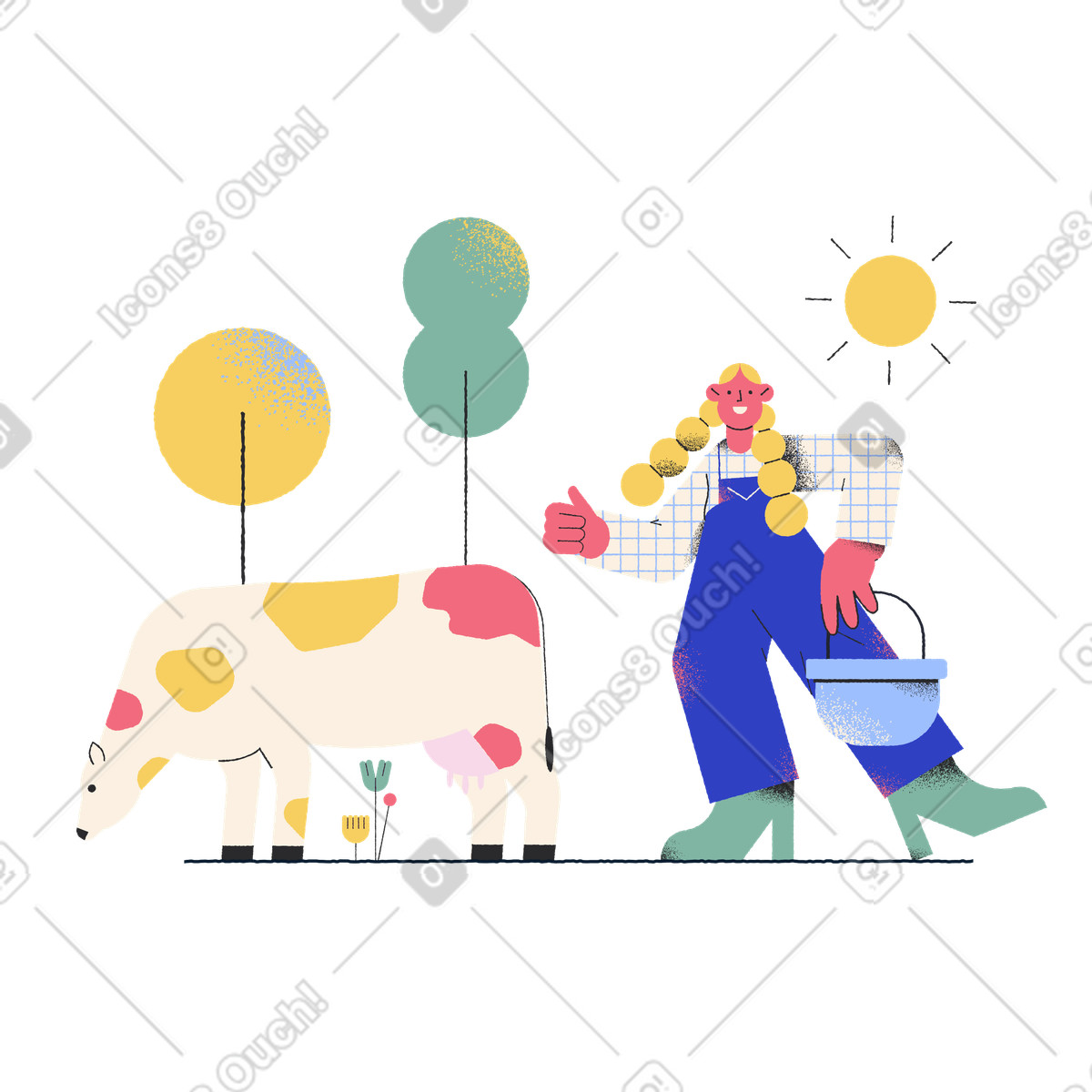 Ilustração de Vaca e rapariga agricultor em no estilo Pablo para baixar em PNG, SVG