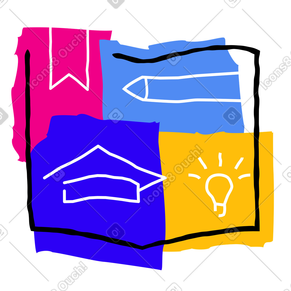 Illustration Pencil, bookmark, graduation cap, and lightbulb, Education learning dans le style Puzzle à télécharger aux formats PNG, SVG