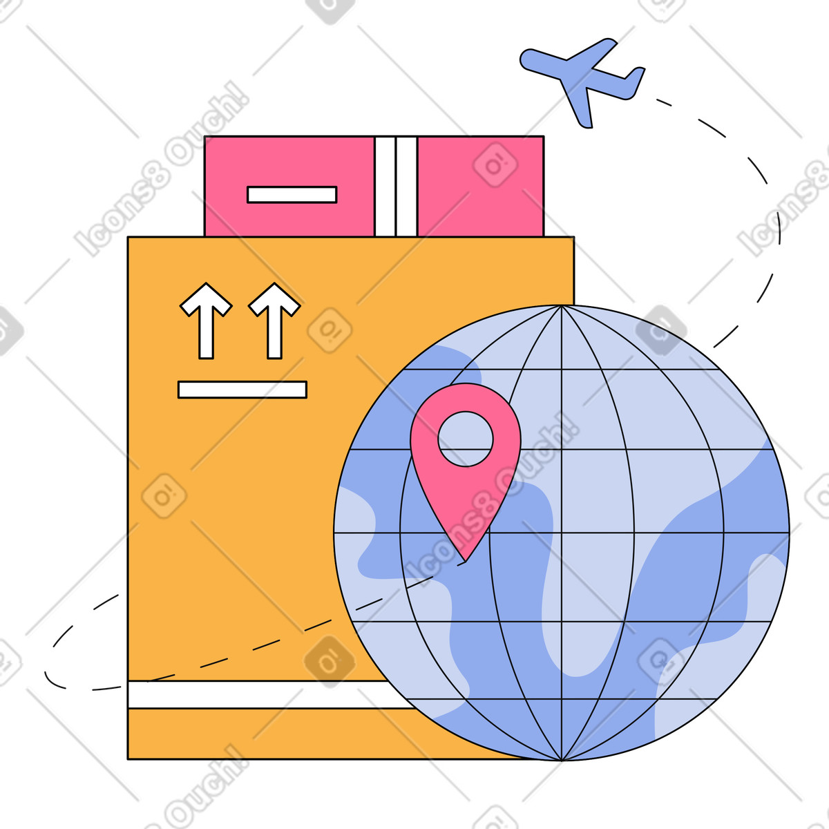 Illustration Livraison dans le monde entier : colis et globe style Bloom à télécharger aux formats PNG, SVG