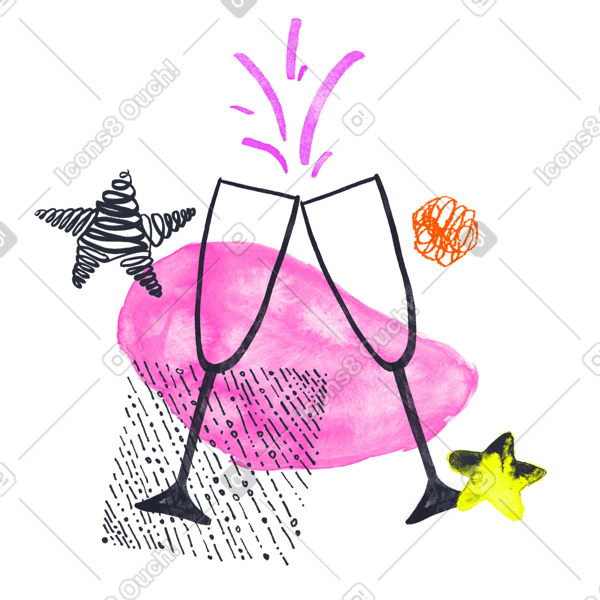 Two glasses of champagne clinking as celebration illustration in Inky style download in PNG, SVG