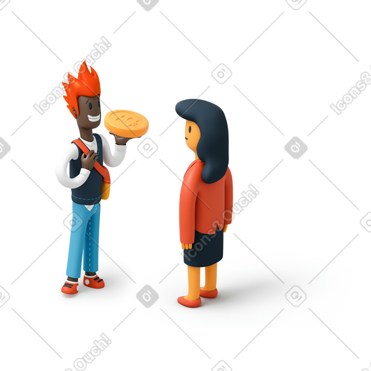 Donna d'affari che guarda l'uomo con la moneta bitcoin illustrazione in stile 3D Flame scarica in PNG, SVG