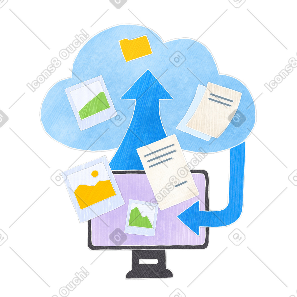 Illustration Cloud storage with files and photos dans le style Crafty à télécharger aux formats PNG, SVG