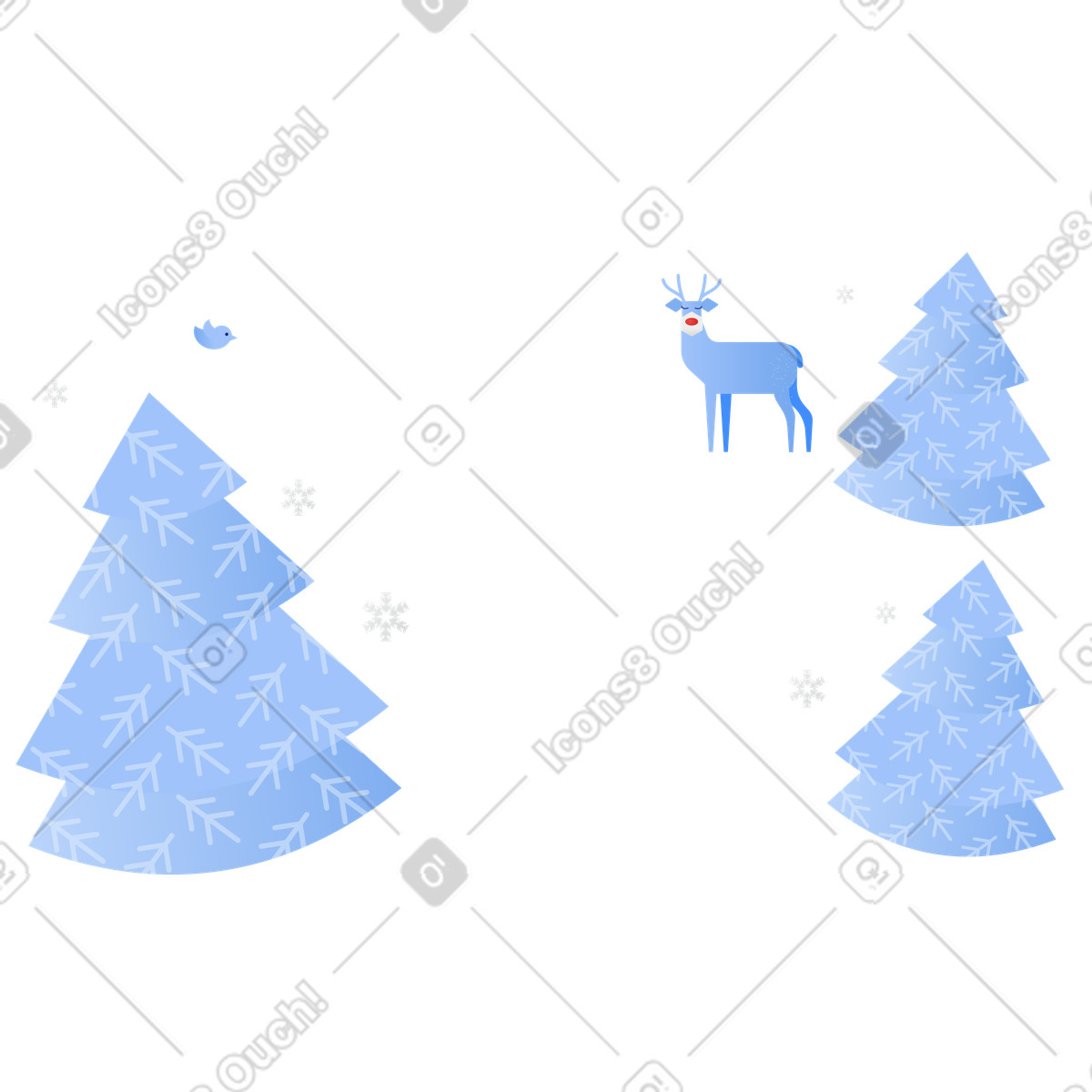Pine trees in winter forest with deer illustration Clip style download PNG, SVG