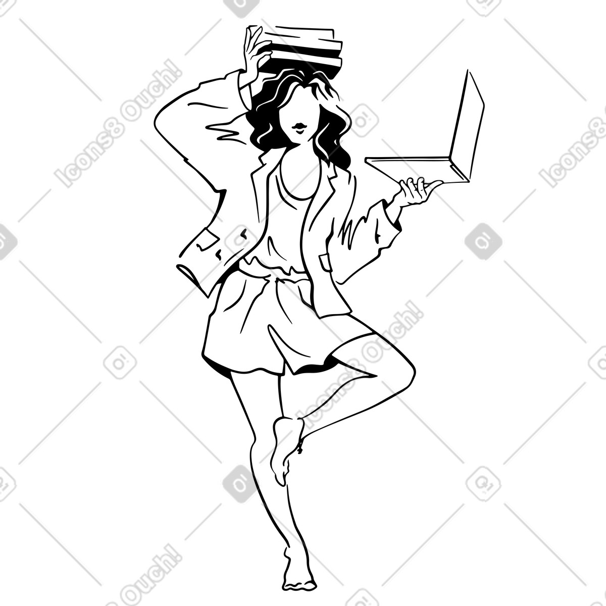 Frau mit laptop und büchern hält work-life-balance aufrecht-Illustration im Line-Stil als Download in PNG, SVG