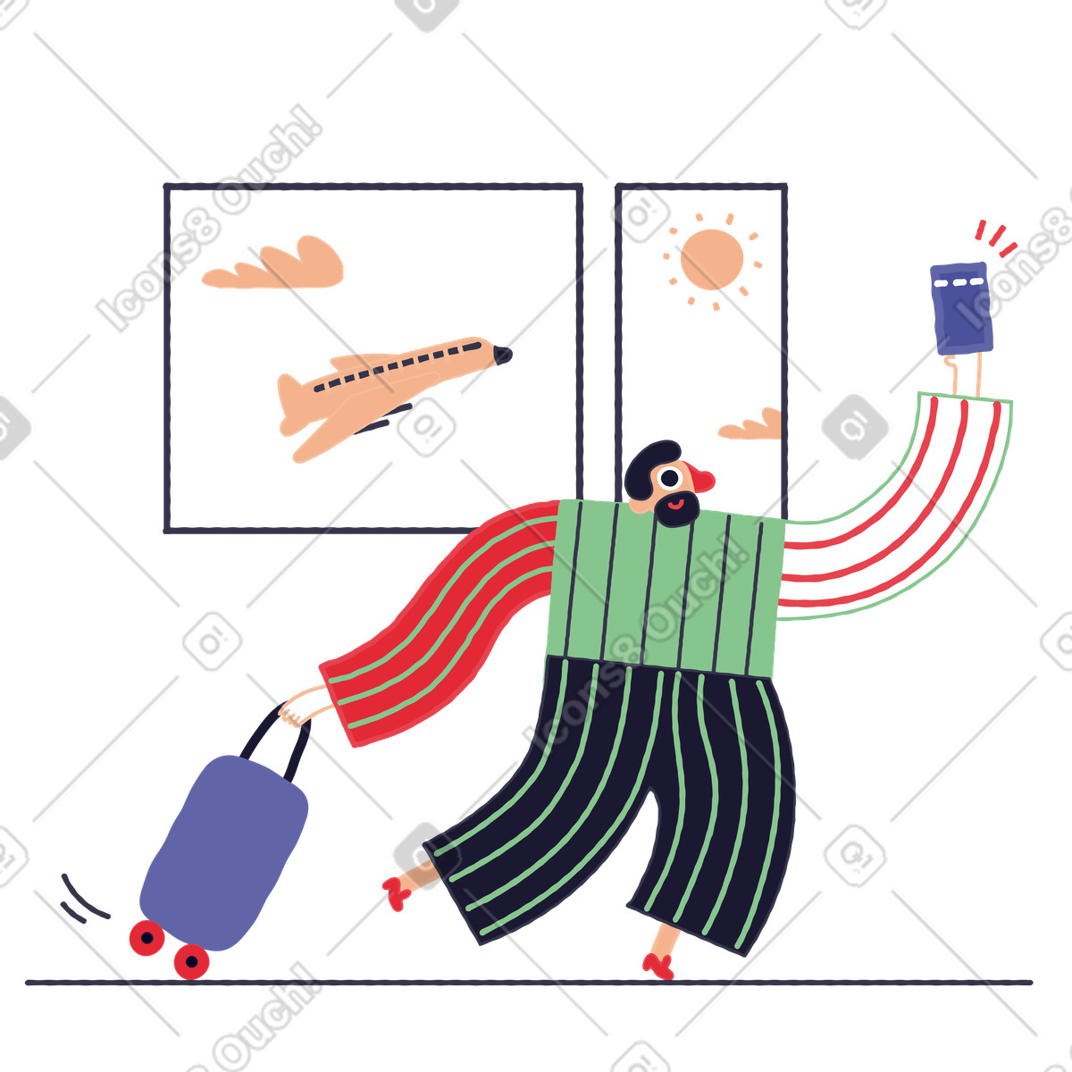 Uomo con bagagli e biglietto che attraversa un aeroporto illustrazione in stile Stripy scarica in PNG, SVG