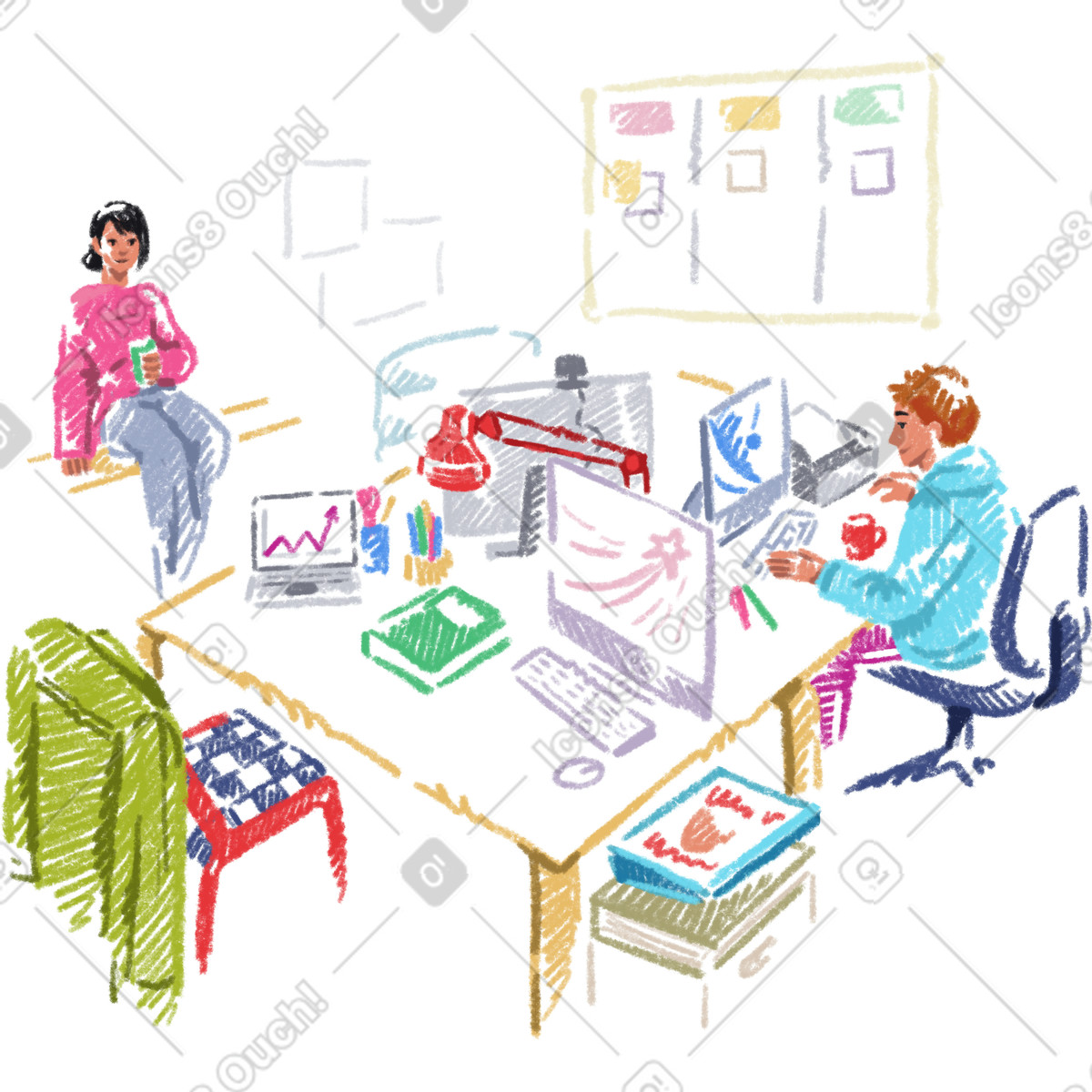 People working in creative space-Illustration im Sketchbook-Stil als Download PNG, SVG