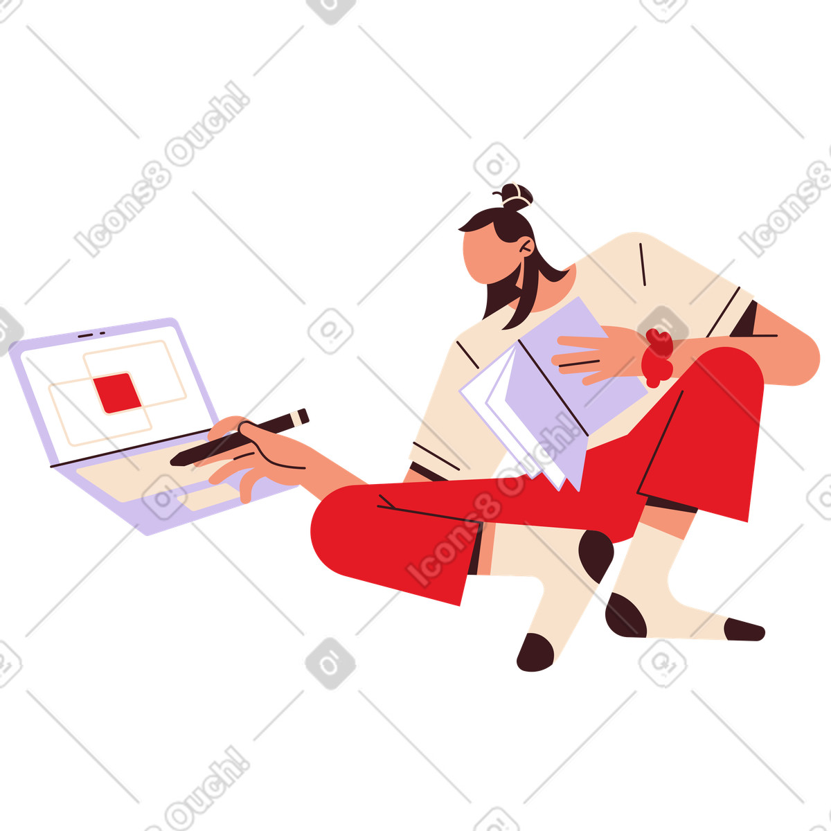 Sitzendes mädchen mit bleistift und buch-Illustration im Folks-Stil als Download in PNG, SVG