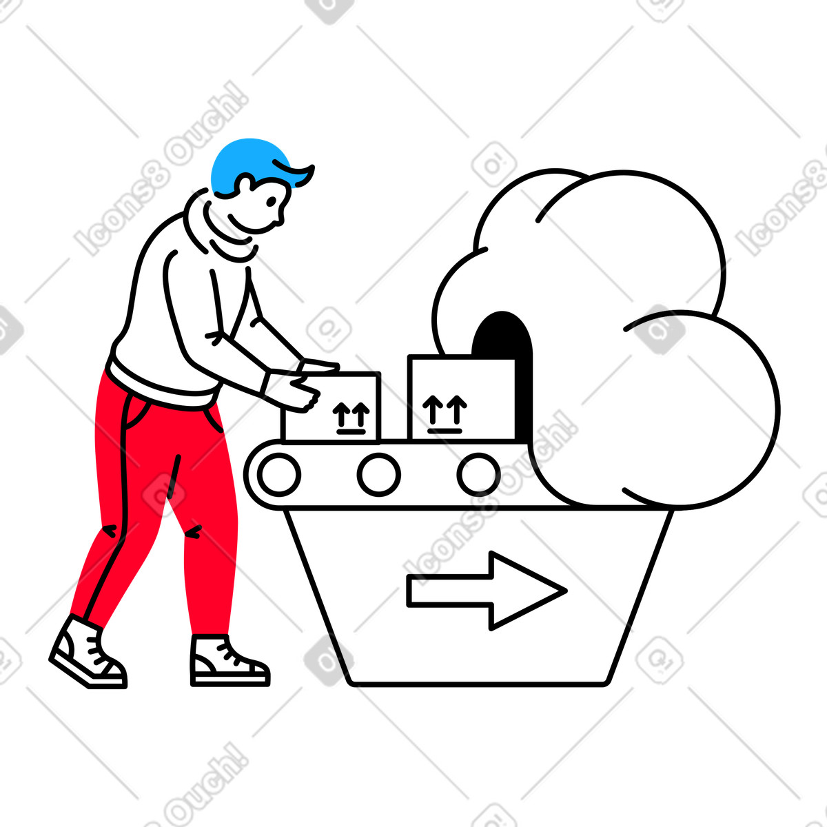Ilustración El hombre pone cajas en la cinta transportadora que las mueve a nube estilo Transistor descargar PNG y SVG