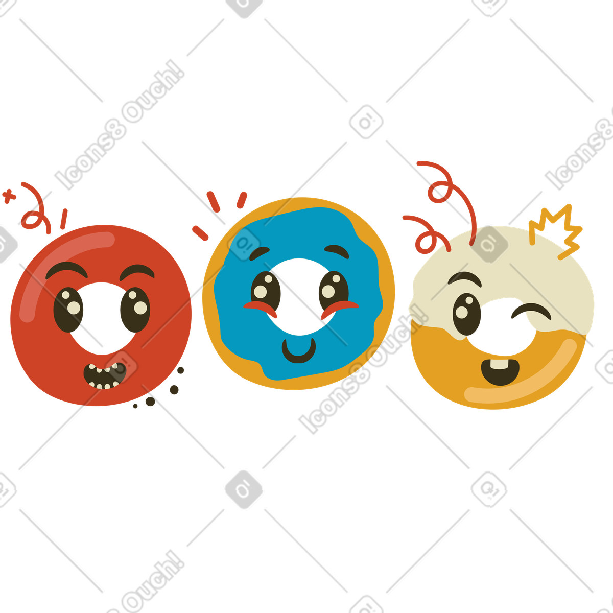 Ilustração de Três donuts se divertindo e festejando em no estilo Arabica para baixar em PNG, SVG