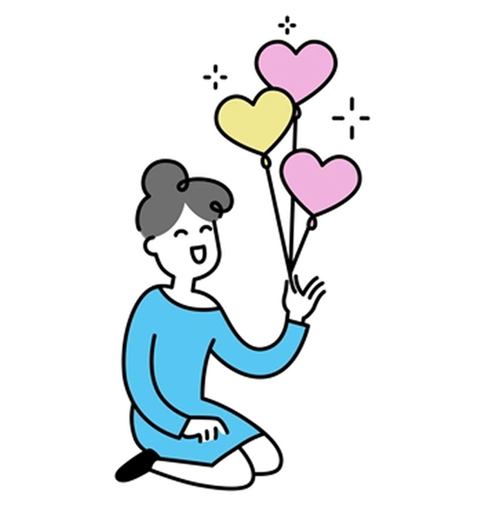 A girl playing with heart-shaped balloons - Mochi style illustration