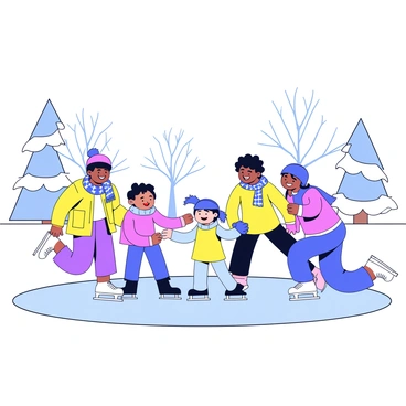 A family ice skating on a frozen pond. The scene shows two children on the ice, one is carefully trying to balance while the other is laughing. The parents are nearby, one parent is squatting down, offering guidance to the child, while the other stands close by, smiling. The family is dressed in colorful winter clothing with scarves and gloves. Snow-covered trees line the edge of the pond, completing the winter atmosphere.
