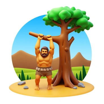 A strong caveman with rugged features, wearing animal skins, performing pull-ups on a thick tree branch. The tree is tall with lush green leaves and gnarled bark. In the background, a prehistoric landscape features rolling hills and distant mountains under a clear blue sky. There are various prehistoric plants and a few scattered rocks on the ground. The caveman's muscles are defined as he exerts effort, showcasing his strength and determination.