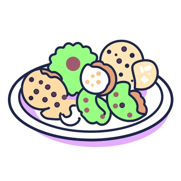 A round plate is filled with an assortment of cookies. The cookies vary in size and shape, with some chocolate chip and others with a sprinkle of nuts. Several cookies are placed whole, while others are halved neatly in the center, revealing their contents. The halved cookies showcase their soft, chewy interiors. The arrangement of the cookies suggests an improper fraction, with more halved cookies than whole cookies on the plate. The plate has a simple design, and it sits on a clean surface, accentuating the cookies.