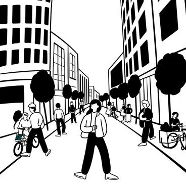 A woman dressed in a stylish outfit confidently walking along a bustling city street. Skyscrapers tower on either side, and various storefronts line the sidewalks. Pedestrians of different backgrounds move through the scene, some talking on mobile devices, while others carry shopping bags. Bicycles are parked nearby, and a street vendor is setting up a cart filled with food items. There are trees planted on the sidewalk, providing shade. The atmosphere is lively and filled with dynamic urban elements.