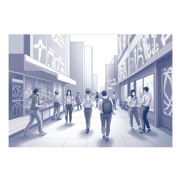 A busy urban street scene filled with activity. Various people are walking along the sidewalk, some chatting while others are absorbed in their phones. The setting features large walls covered in intricate graffiti art, showcasing a variety of designs and patterns. There are street vendors selling goods, and a few bicycles parked nearby. Tall buildings rise in the background, creating a lively city atmosphere.