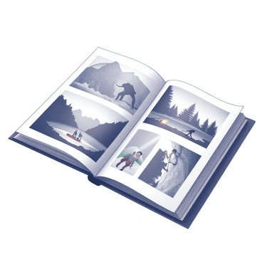 An adventure photo album open on a table, displaying several images. One image shows a group of hikers trekking along a rugged mountain trail, with steep cliffs and dense trees in the background. Another image captures a camping scene, featuring a tent pitched by a tranquil lake surrounded by tall pine trees, with a campfire burning nearby. A third image features climbers scaling a rocky face, with one climber reaching for a handhold while the others belay from below. Each photo highlights the excitement and beauty of outdoor adventures.