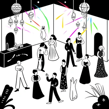 A grand ballroom filled with elegantly dressed attendees in "metallic and neon ball gowns." The gowns are adorned with intricate patterns reflecting futuristic designs. Chandeliers made of geometric shapes hang from the ceiling, casting unique shadows on the floor. Various guests are mingling, some holding drinks in high-tech glasses. A DJ booth features advanced equipment, and vibrant light beams shoot across the room, illuminating the dance floor. Decorative elements include large, futuristic sculptures placed strategically around the space.