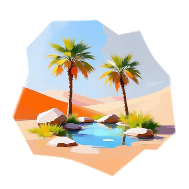 A small oasis nestled in a sandy desert landscape, featuring several tall palm trees with lush green fronds swaying gently in the breeze. In the center, there is a clear pool of water reflecting the blue sky above, surrounded by patches of vibrant green grass. The sand dunes encircle the oasis in the background, creating a stark contrast between the dry desert and the serene water within the oasis. A few rocks are scattered around the edge of the pool, adding texture to the scene.